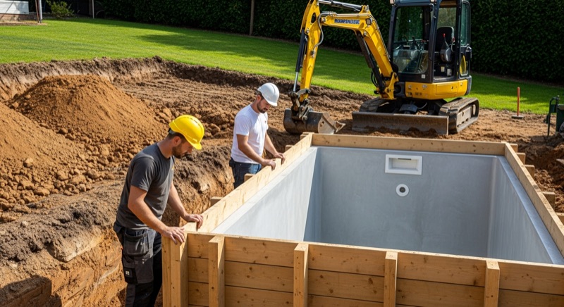 Pisciniste et son équipe montant la structure d'une piscine semi-enterrée dans une fouille