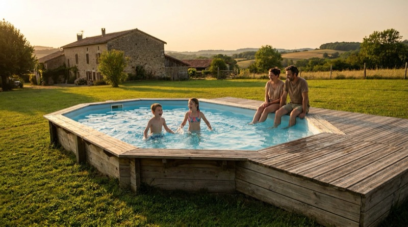 Famille profitant de sa piscine semi-enterrée à margelle bois au coucher du soleil