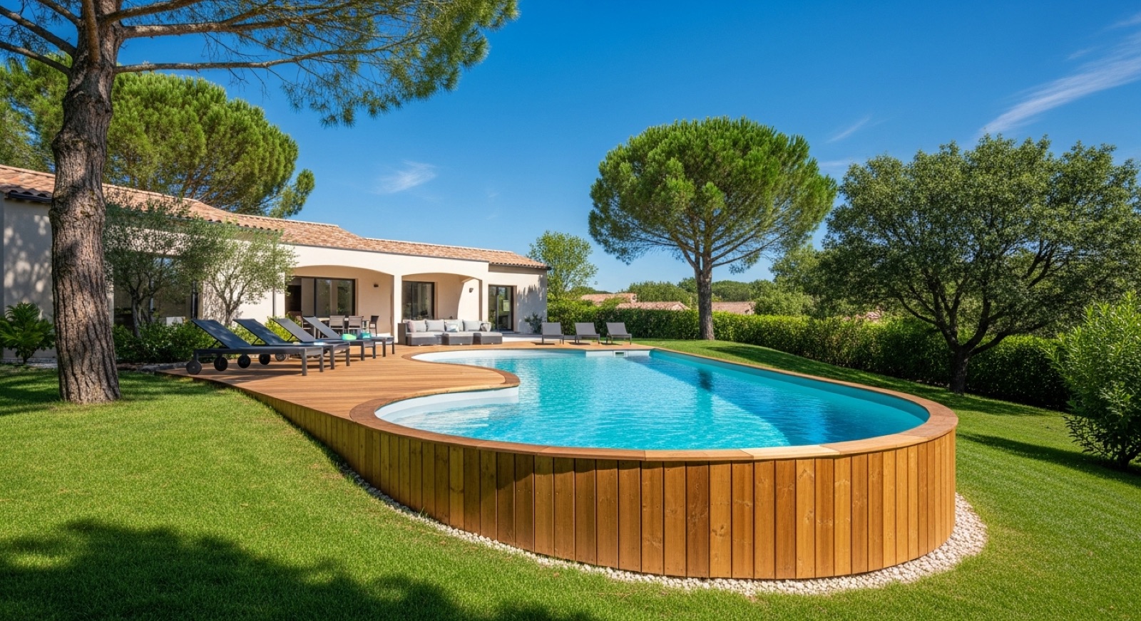 Piscine semi-enterrée à habillage bois intégrée dans un jardin méditerranéen