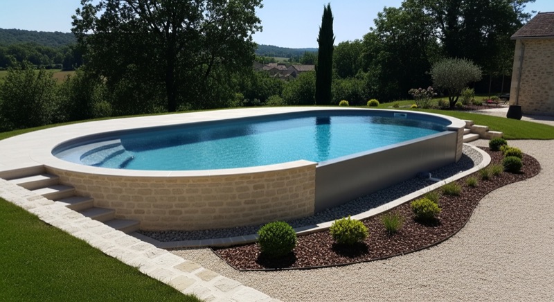 Piscine semi-enterrée ovale en acier galvanisé avec habillage pierre