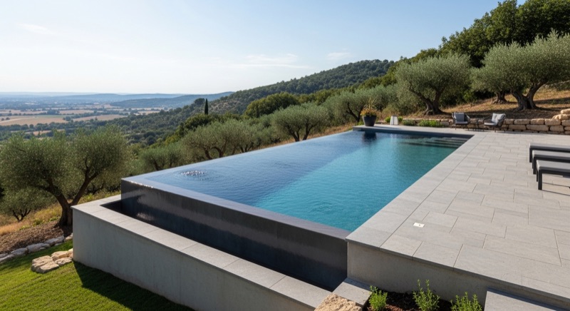 Piscine béton semi-enterrée sur mesure surplombant une vallée provençale