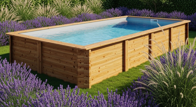 Piscine semi-enterrée en bois traité autoclave entourée de lavandes