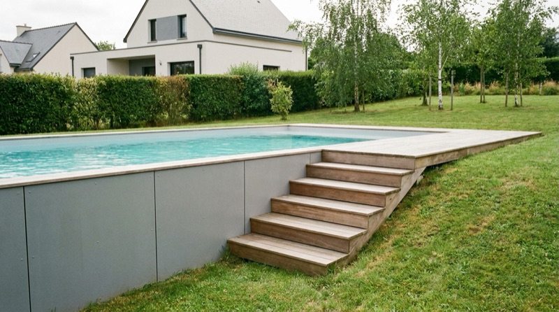 Piscine en kit modulaire semi-enterrée dans un jardin en pente, escalier bois